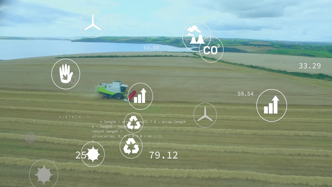 Green combine harvester moving across golden field, displaying floating data icons in flat design
