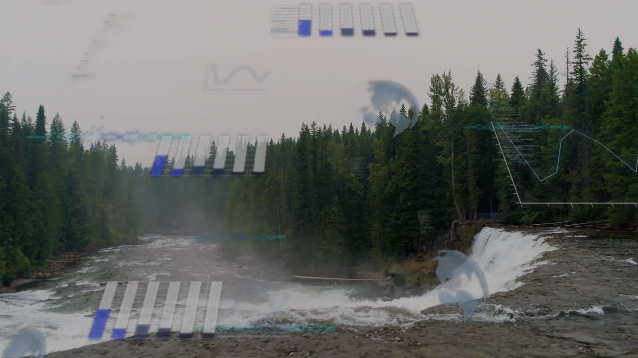 Data visualization animation over river and forest landscape with waterfall