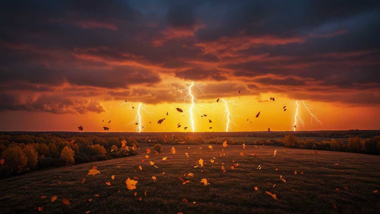 Dramatic Sunset Landscape with Lightning Strikes and Whirling Leaves Captures the Essence of an Approaching Storm in a Vibrant and Colorful Sky