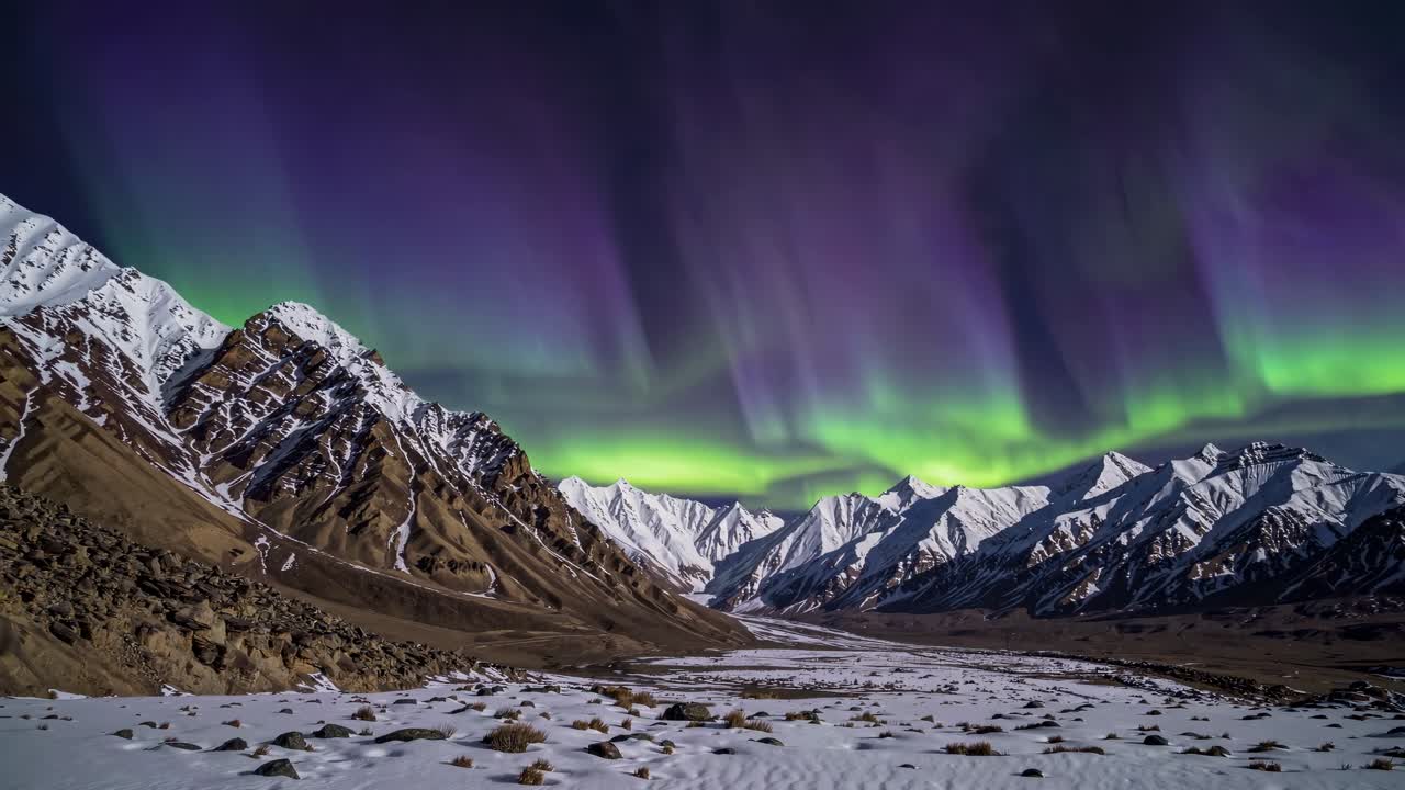 aurora boreal sobre las montañas nevadas