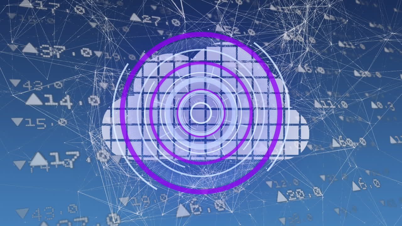 파란색 배경에 구름 아이콘과 연결 네트워크를 스캔하는 범위의 애니메이션