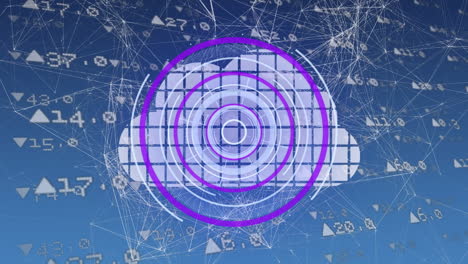 Animation of scope scanning over cloud icon and network of connections on blue background