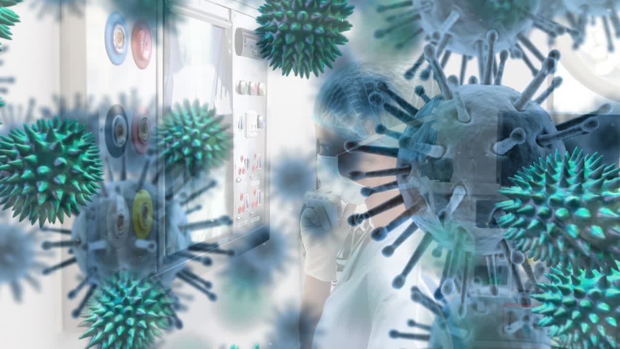 코로나바이러스 코로나19의 확산 애니메이션, 배경에는 의료진이 있습니다.