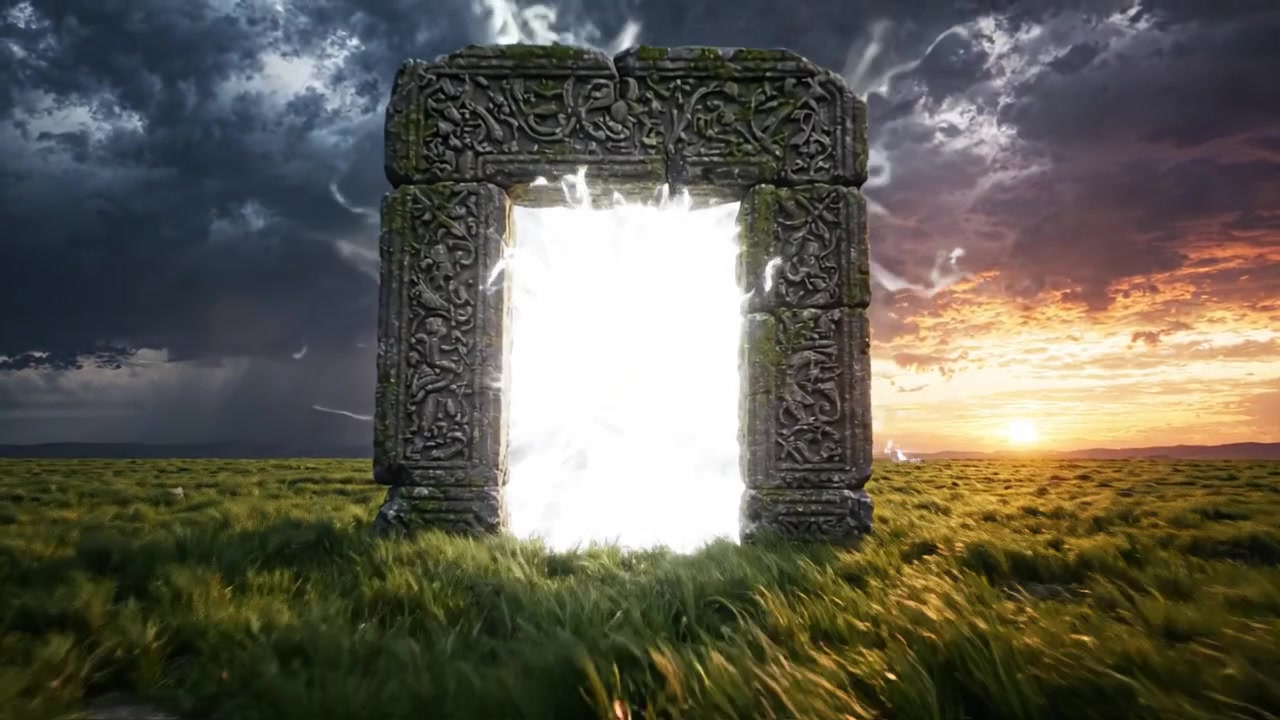 A Mysterious Portal Emerges from a Lush Landscape, Surrounded by Dramatic Stormy Skies and a Glowing Sunset, Inviting Inquiries into Its Enigmatic Origins and Purpose