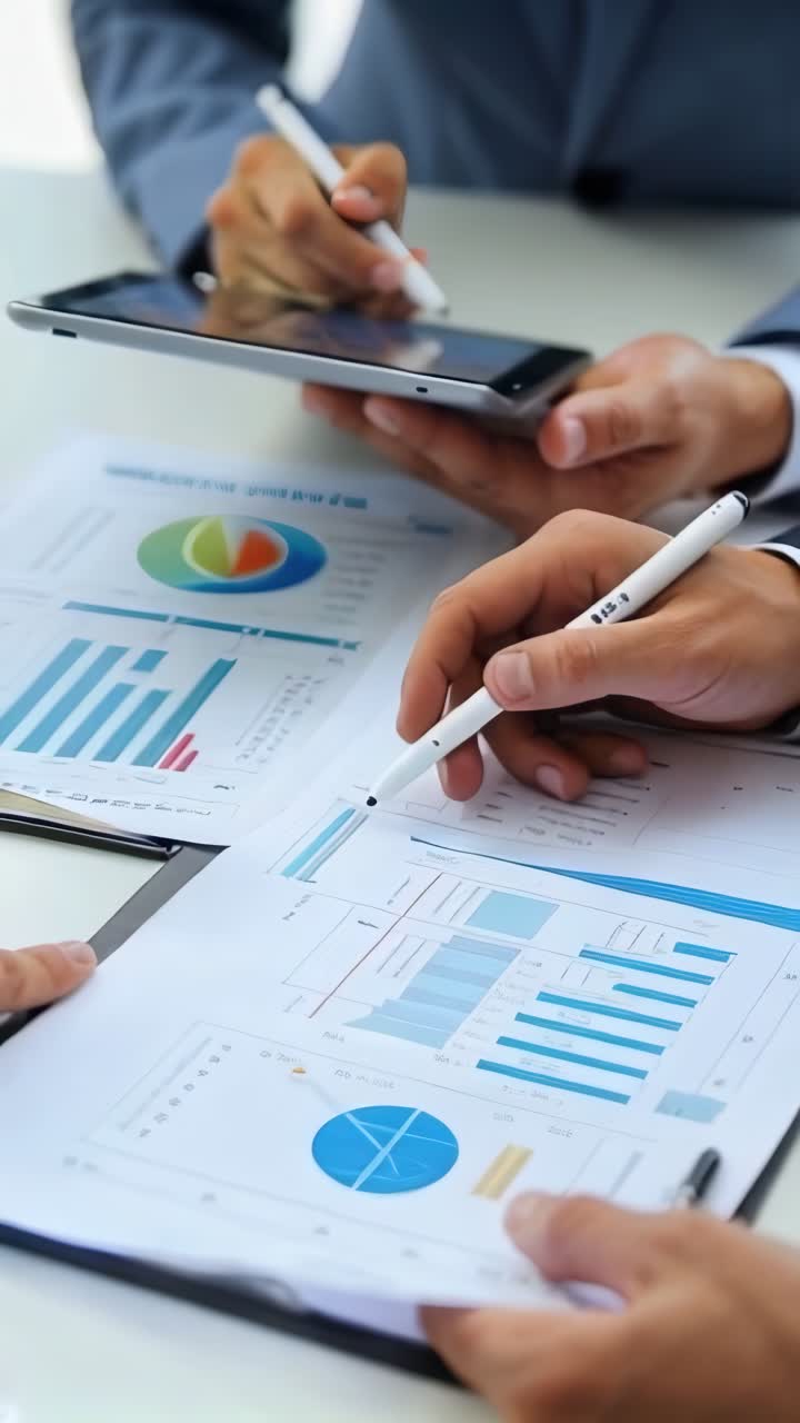 Teamwork are looking at a bunch of graphs and charts. One of the people is pointing at a chart.