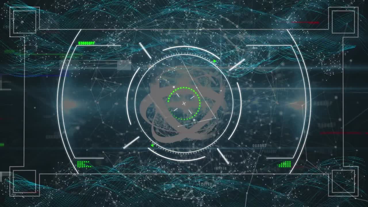 animación de escaneo de alcance sobre forma giratoria abstracta y red de conexiones