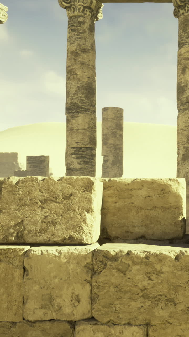 Antiche strutture in pietra che si ergono sotto il caldo sole del deserto a mezzogiorno.
