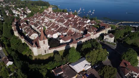 morat town switzerland murten lake swiss village municipality aerial drone establish shot