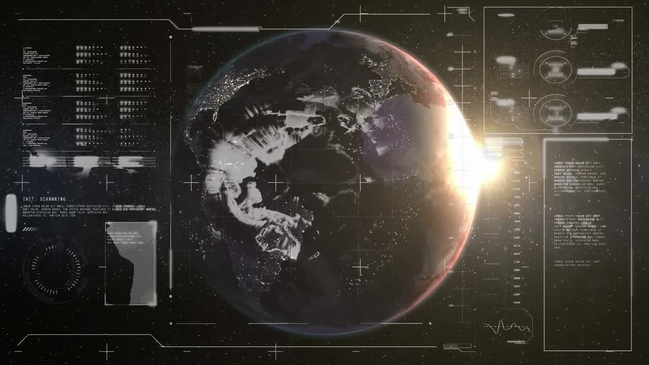 Digital interface with data processing against spot of light and globe rotating in space