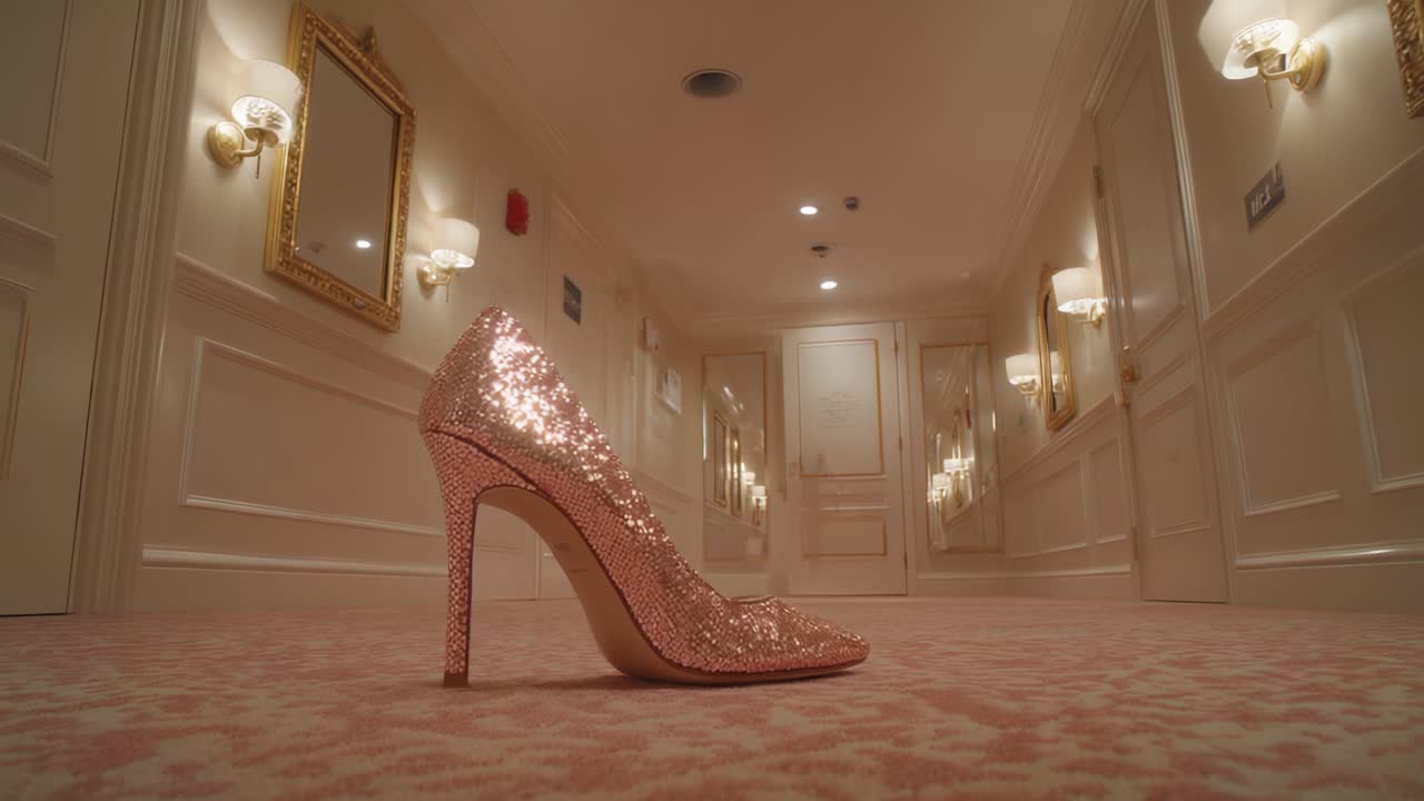 A Stunning Pink Sequin High Heel Shoe Elegantly Positioned on Plush Carpet in a Luxurious Hotel Corridor Setting