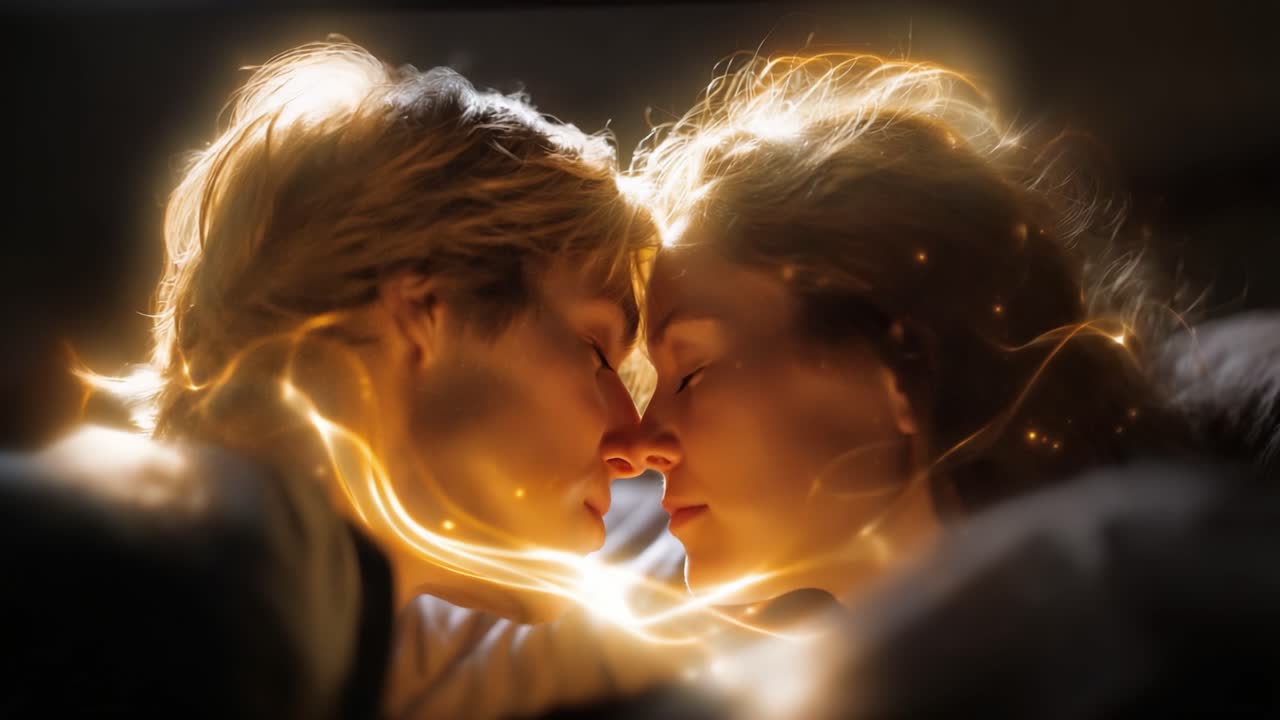 Legame intimo: un momento bellissimo tra due persone, messo in risalto da una luce scintillante mentre condividono un'esperienza emotiva e tenera da vicino