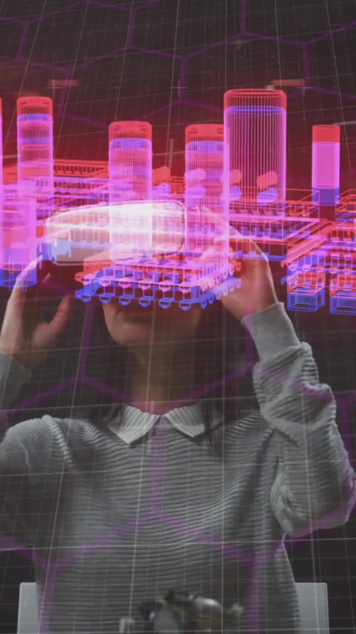 Animation eines lila Prozessors mit Sechsecken über einer Frau, die ein VR-Headset trägt und sich umschaut.