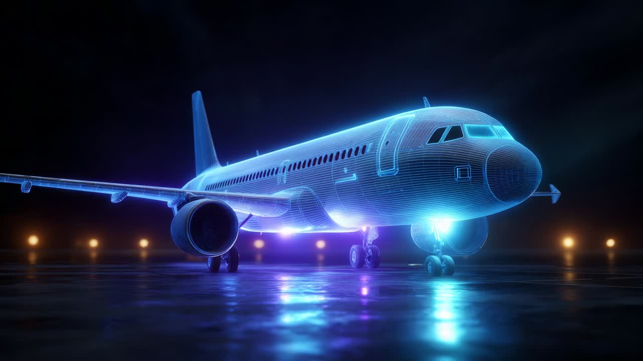 A Stunning Neon Wireframe Airplane Captured in Two Frames, Showcasing the Futuristic Design and Sleek Aerodynamics, Amidst a Mysterious Dark Background Enhanced by Ethereal Lighting Effects