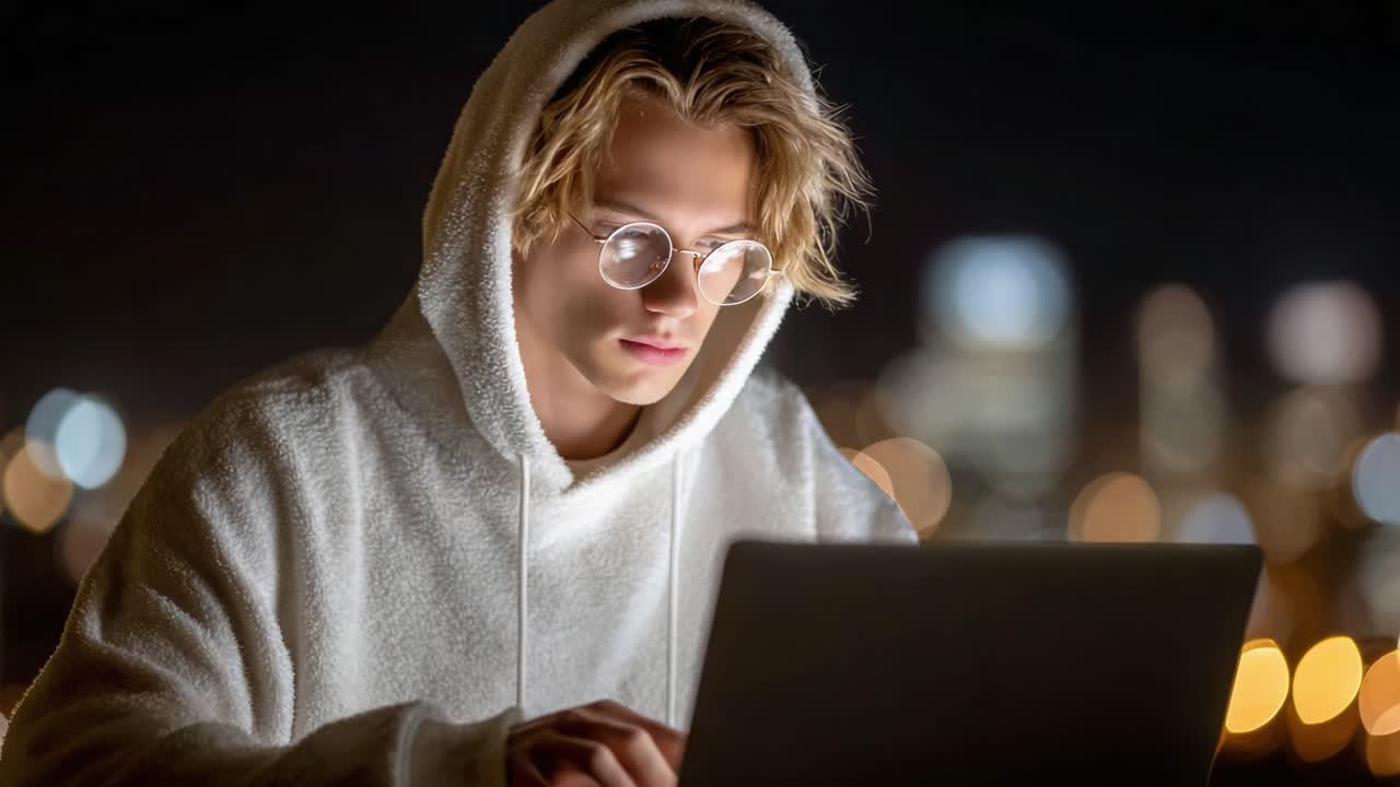 A focused young individual working on a laptop at night, immersed in the glow of the screen, captured against a backdrop of city lights, showcasing concentration and modern lifestyle