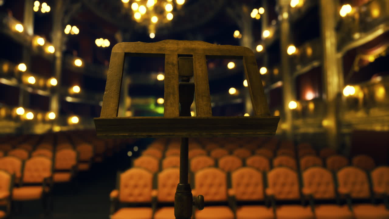 Empty theater with a music stand and softly lit ornate decor