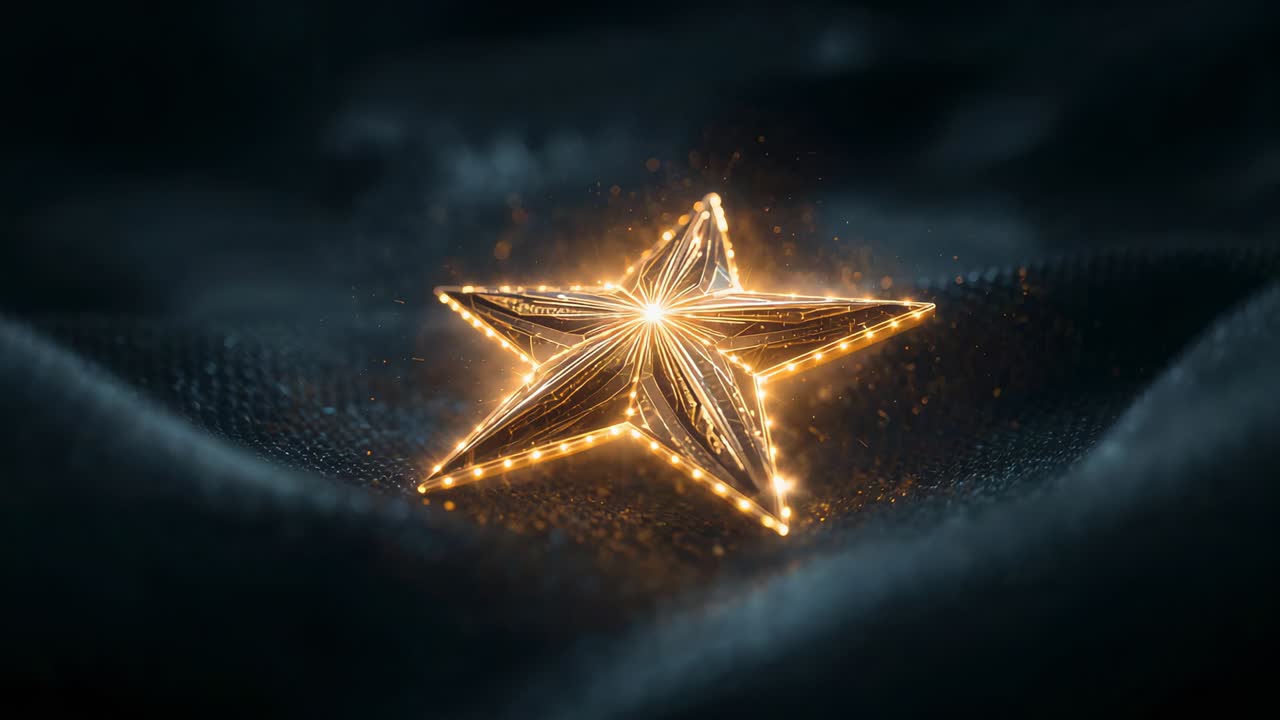 Warm light bathing five-point star, glowing on dark cloth, pulsing rim LEDs, revealing facets, dust