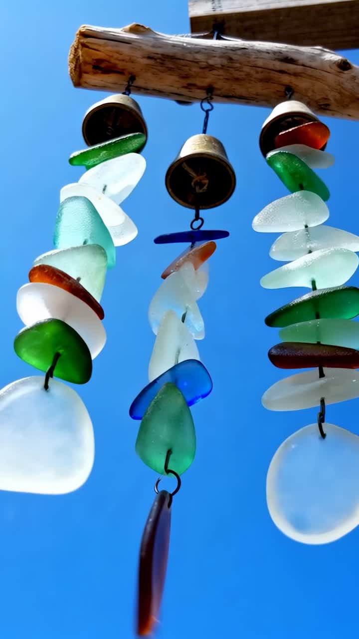 Video verticale: tre fili di vetro di mare che ondeggiano su un carillon da veranda, ruotando per la brezza con campanelle