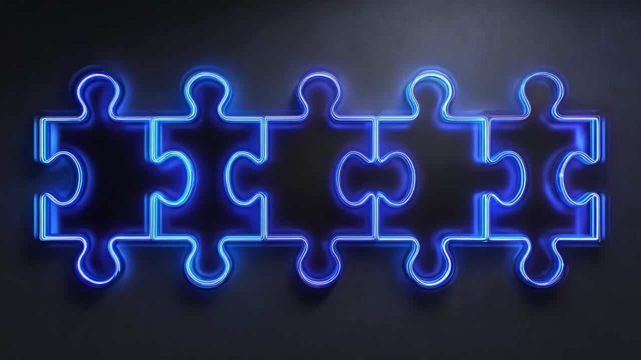A captivating visual of illuminated puzzle pieces designed in bright neon blue, set against a dark background, showcasing an intricate arrangement that conveys a sense of cohesion and connection through art