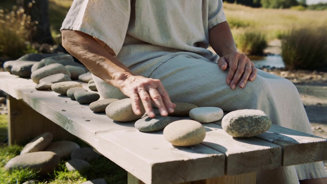 Donna anziana in abito chiaro che sistema delle pietre da una fila su una panca di legno accanto a uno stagno, con gli anelli che brillano.