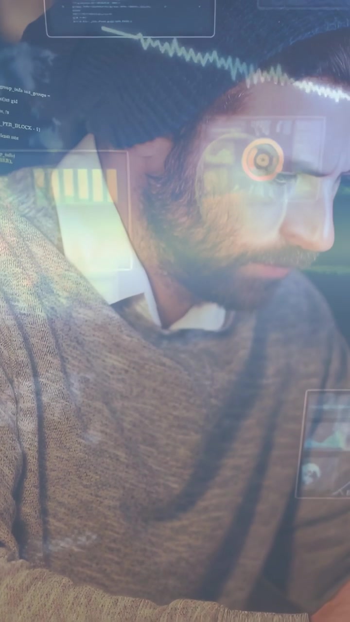 Vertical video: Man starting notes review at desk, holographic code and charts aiding tech insight