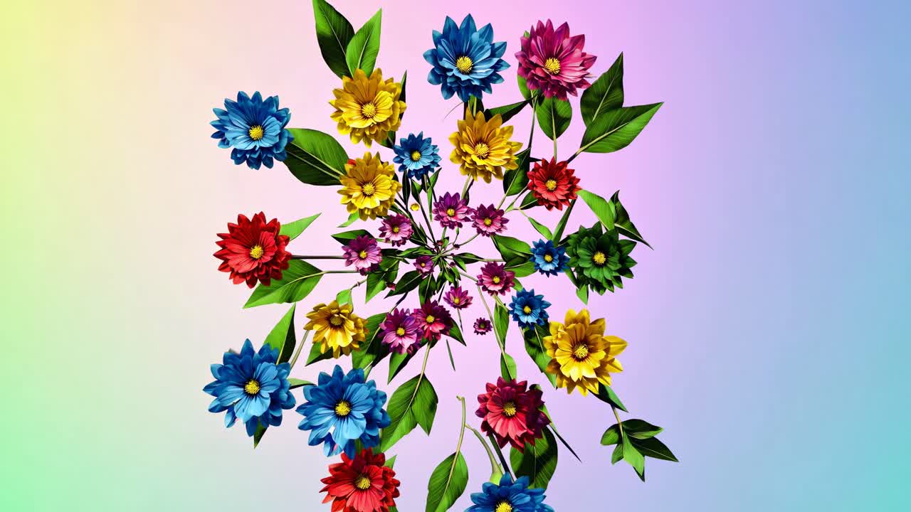 Top-down angle of vibrant, colorful flowers arranged in a circular pattern on a gradient background