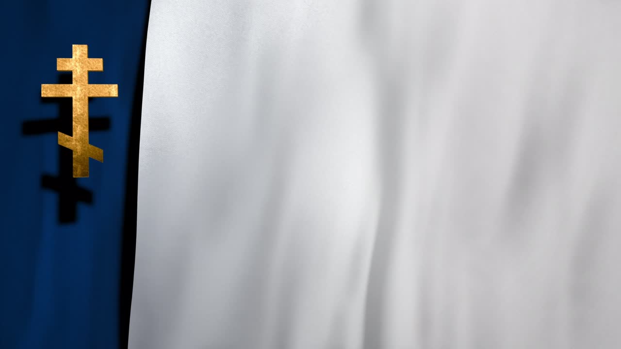 cruz cristiana ortodoxa rusa en bucle en marco completo de fondo de seda de terciopelo blanco azul