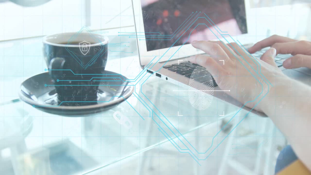 지문의 애니메이션, 키보드에서 타이핑하는 절단 된 손에 추상적인 패턴으로 방패의 락