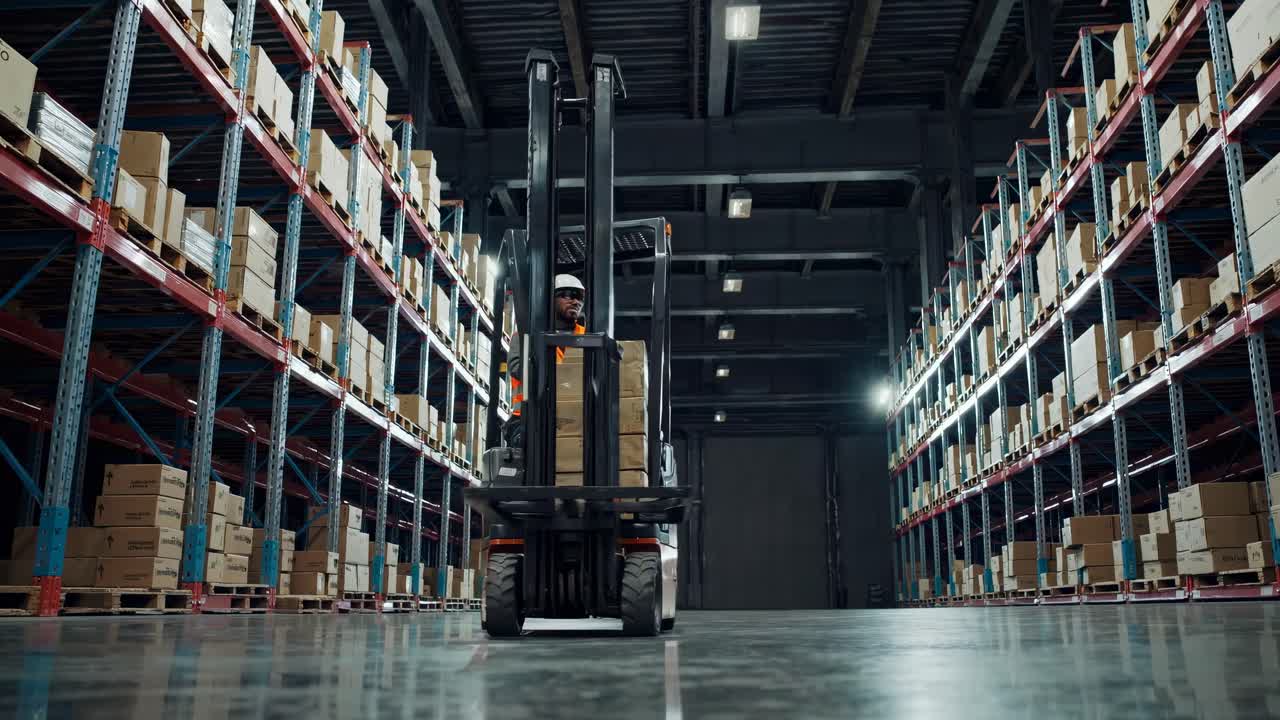 Wide-angle shot of a warehouse interior with tall shelves and a forklift