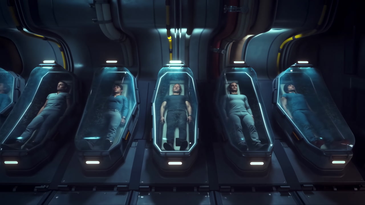 Futuristic Cryogenic Chamber With Sleeping Crew In Sealed Glass Pods, Clinical Blue Lighting, Exposed Conduits