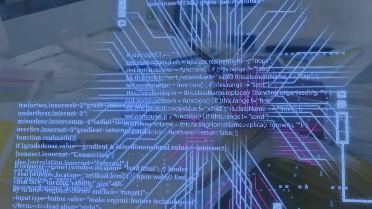 Woman holding phone at desk, tapping and initiating neon circuit and code overlays visualizing data