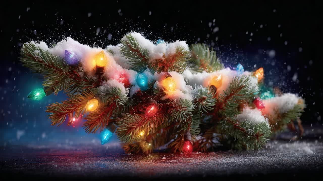 A Festive Pine Branch Adorned with Colorful Christmas Lights Under a Gentle Snowfall, Creating a Cozy Winter Atmosphere Perfect for Celebrations