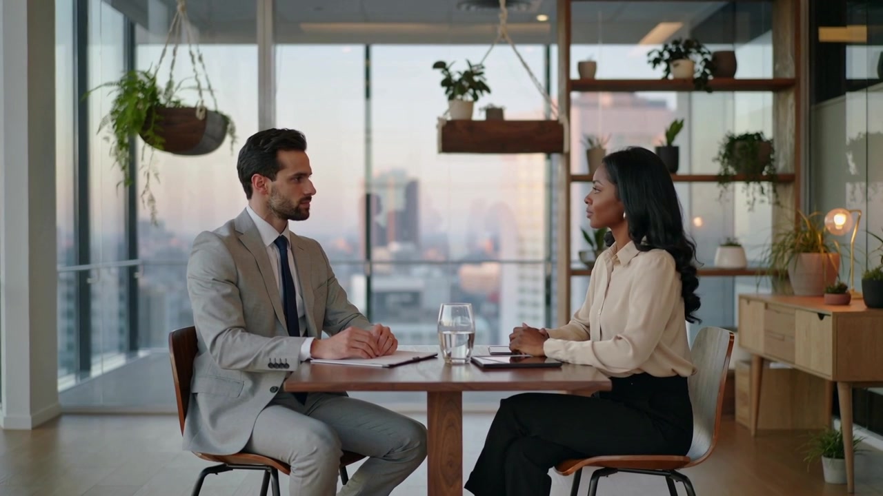 Opening folder, man in light grey suit and woman in cream blouse conducting interview at office