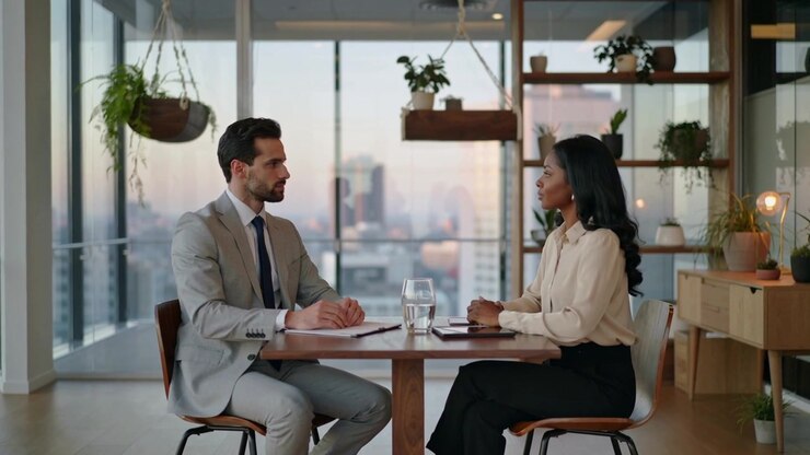 Opening folder, man in light grey suit and woman in cream blouse conducting interview at office