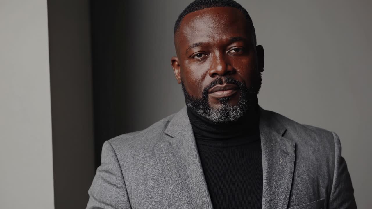 Professional businessman standing confidently in gray jacket, black turtleneck, projecting corporate success within sleek, minimalist environment