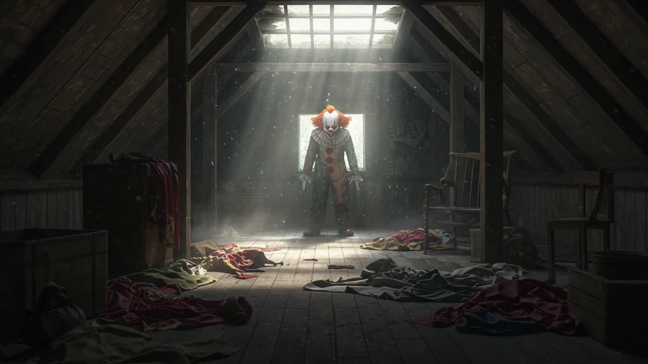 A Haunting Encounter: A Sinister Clown Emerges from the Shadows in a Dusty Attic, Surrounded by Ripped Fabric and Abandoned Furniture