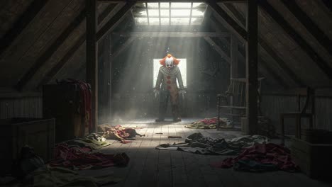 a haunting encounter: a sinister clown emerges from the shadows in a dusty attic, surrounded by ripped fabric and abandoned furniture