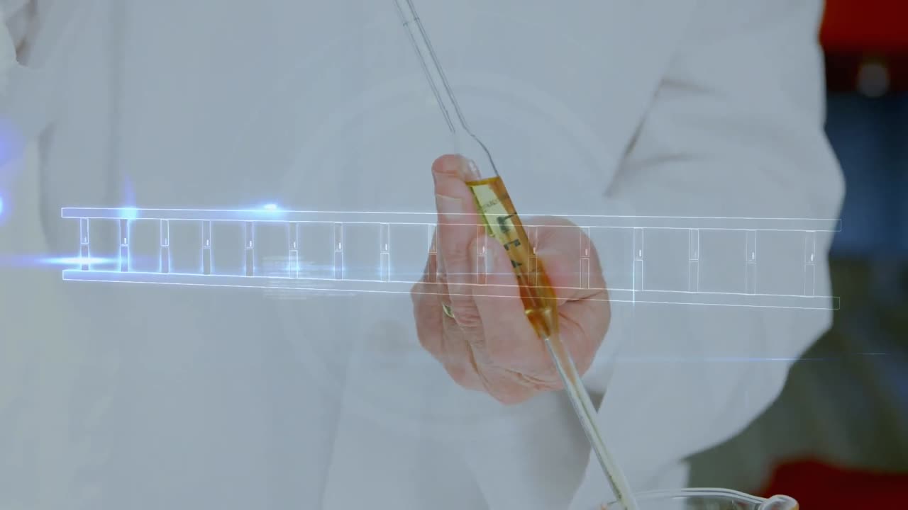 실험실에서 코카시안 과학자에 대한 dna 가닥의 애니메이션과 데이터 처리