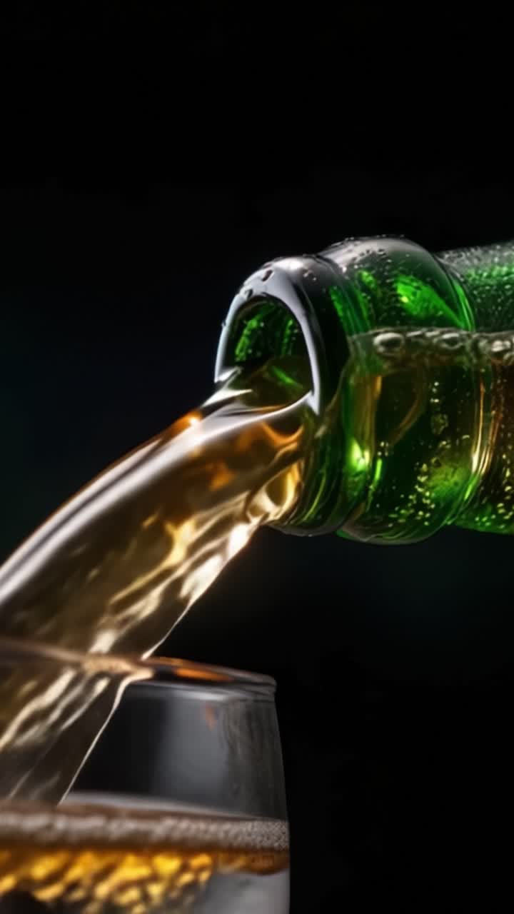 Bevanda rinfrescante che si versa da una bottiglia di vetro verde in un bicchiere di cristallo trasparente, catturando l'azione frizzante e il colore intenso in una presentazione visivamente accattivante
