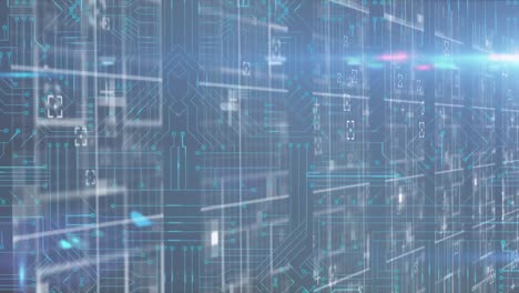 animación del procesamiento de datos en una placa de circuito luminoso de computadora