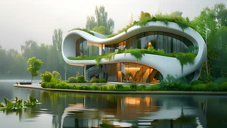 modern biophilic house on a lake