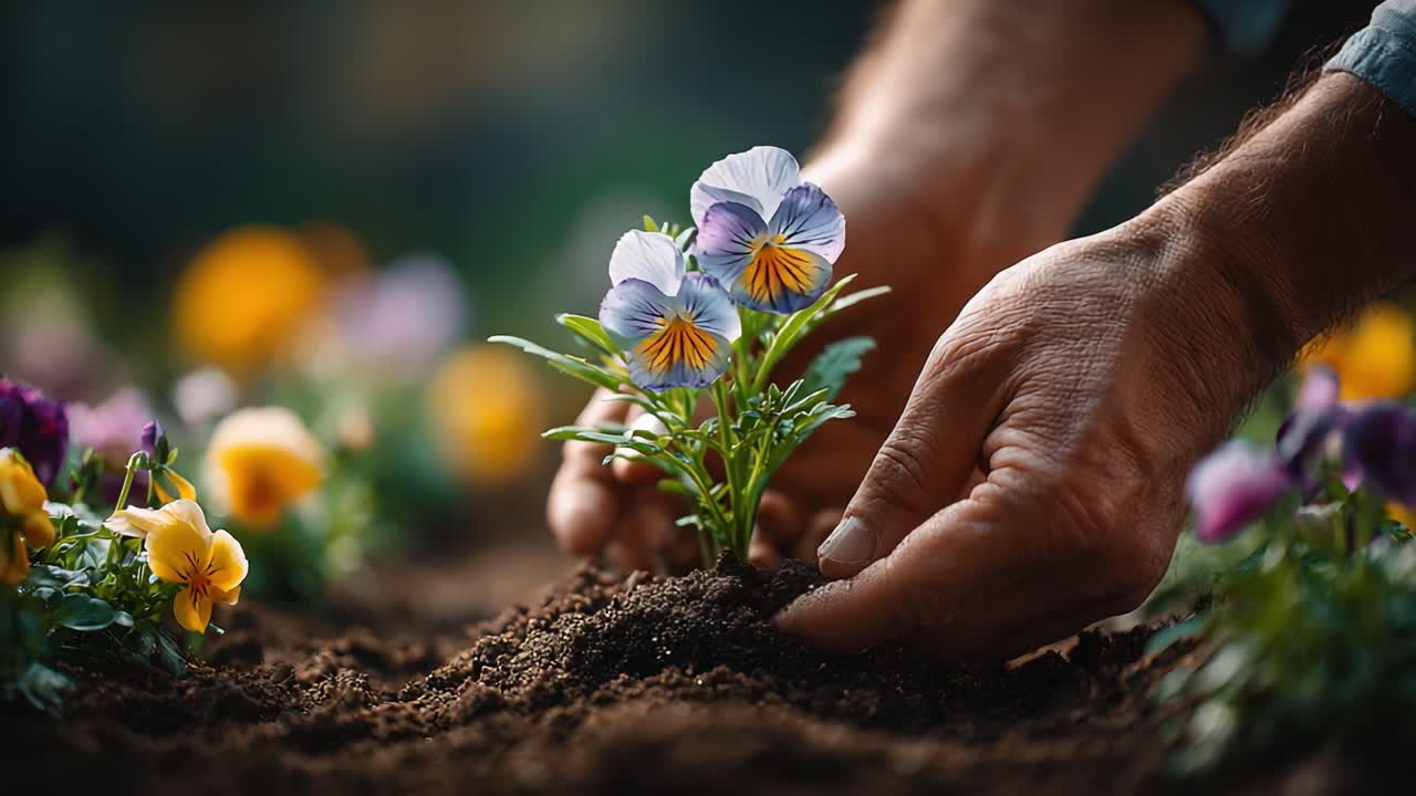 A Gardener's Touch: Nurturing Violas with Care – Capturing the Art of Planting and the Beauty of Vibrant Flowers in a Lush, Serene Setting