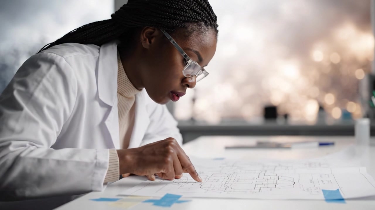 Focused Researcher Analyzing Technical Drawings on Desk in Laboratory Environment While Deep in Thought and Surrounded by Scientific Instruments and Charts