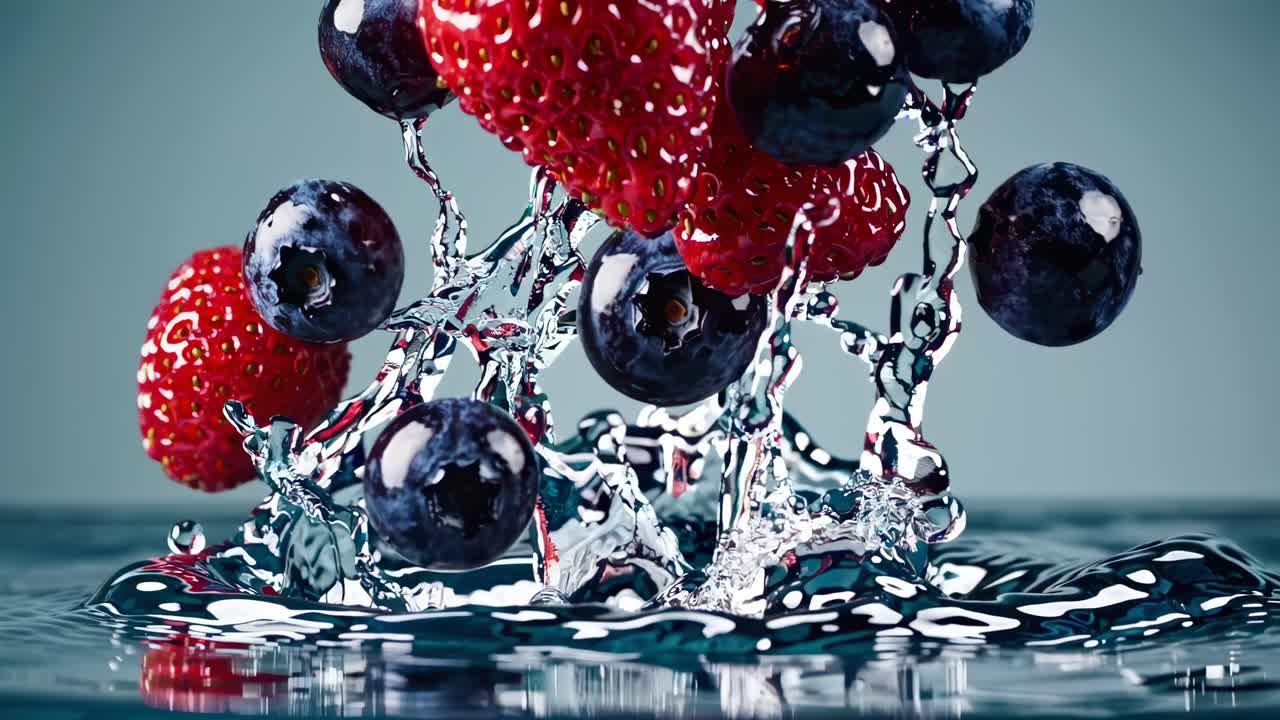 Close-up video of berries splashing into water, captured from a low angle