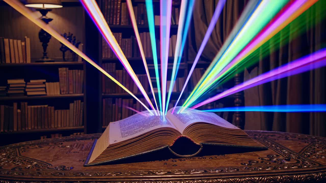 Open Book Illuminated with Colorful Laser Light Rays in a Library