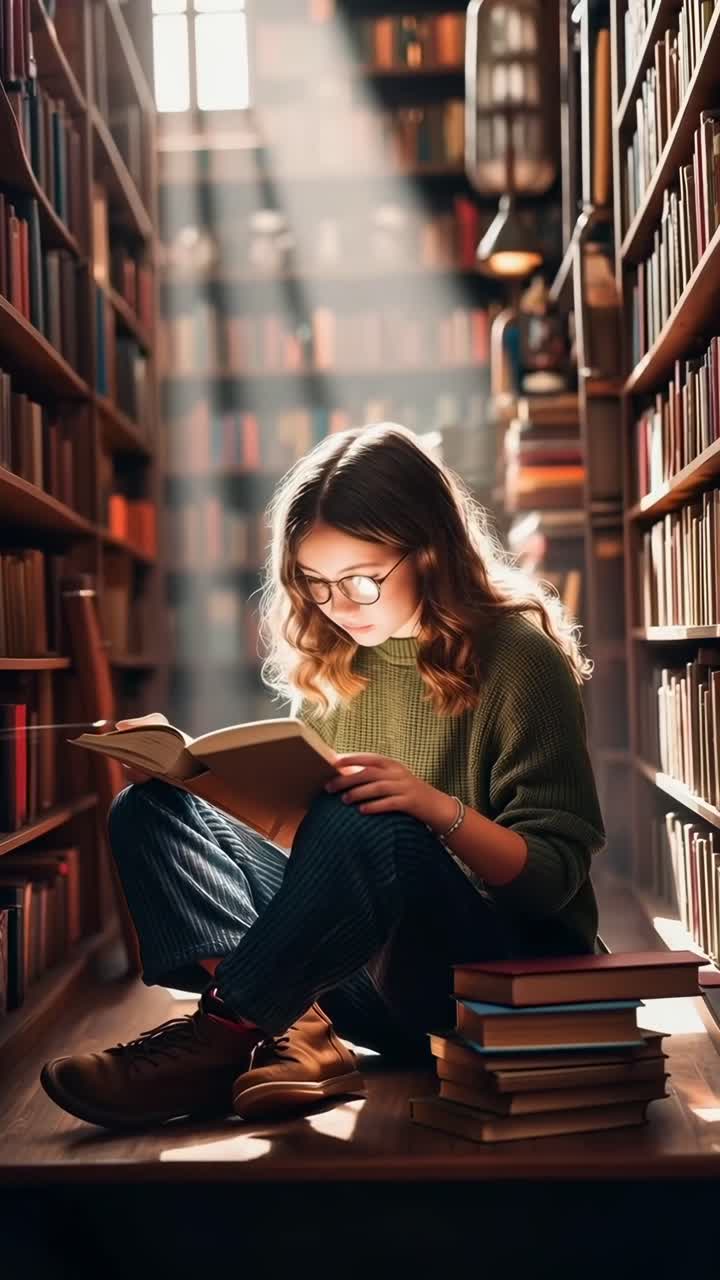Junge Frau liest ein Buch auf dem Boden in einer gemütlichen Bibliothek.