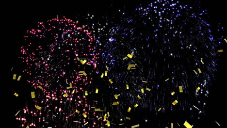 animation of confetti falling over multi coloured fireworks exploding