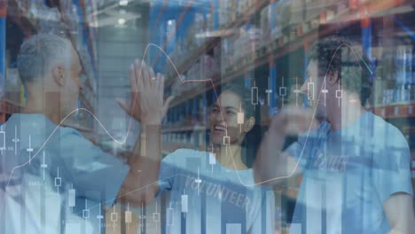 animation of statistics and financial data processing over men and woman high fiving in warehouse