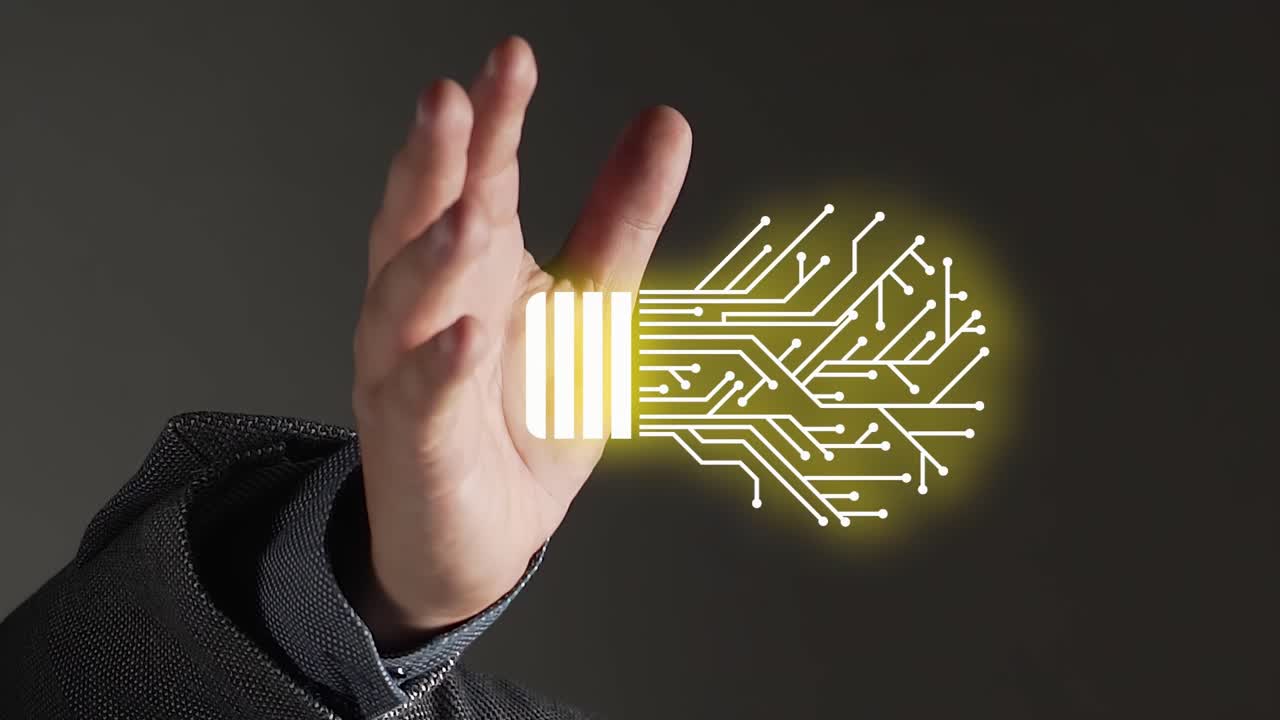 bombilla de luz digital con placa de circuito ilustración gráfica arriba mano caucásica extendida