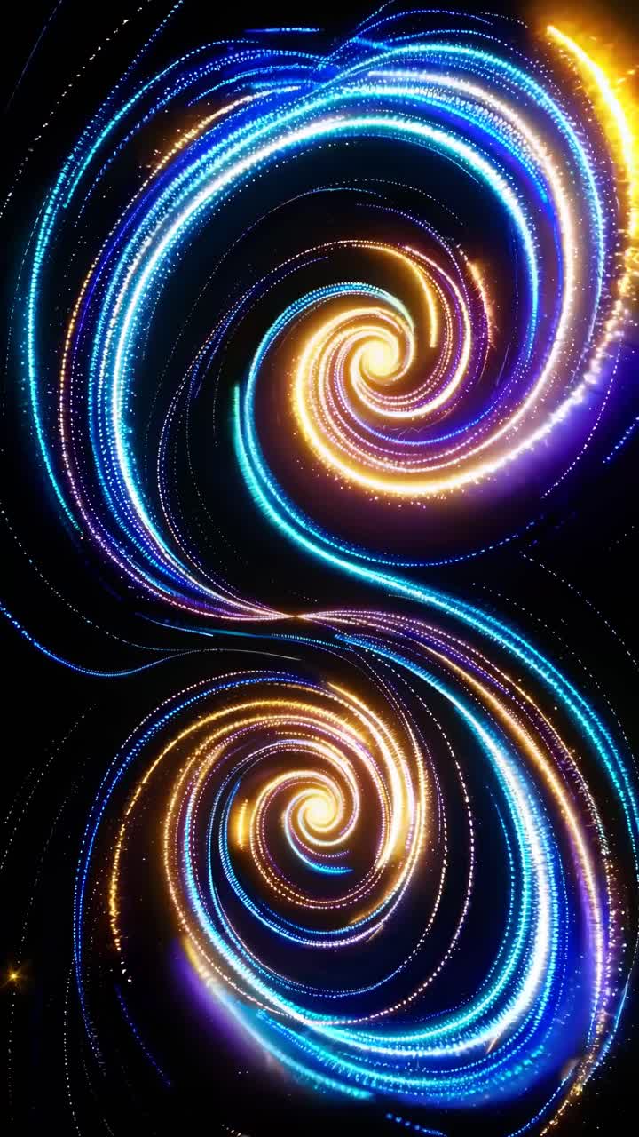 Un affascinante fermo immagine video di luci neon blu e viola che vorticano, formando motivi a spirale.