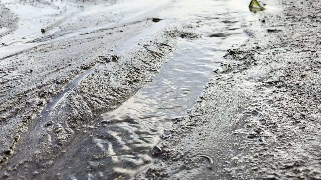 Primo piano di acqua che scorre attraverso un canale fangoso